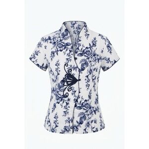 Miniye Womens L Blue White Chinoiserie Floral Blouse Mandarin Frog Closure